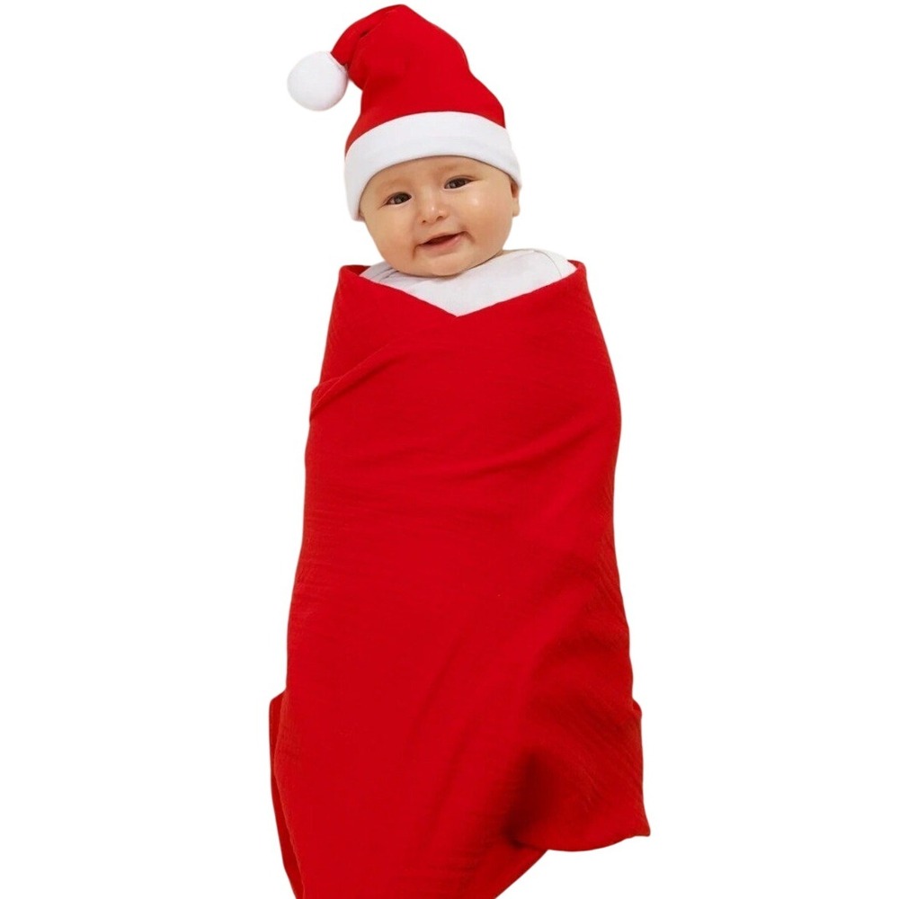 Parent's Choice Red Muslin Swaddle and Beanie‎ Set Baby Christmas Holiday